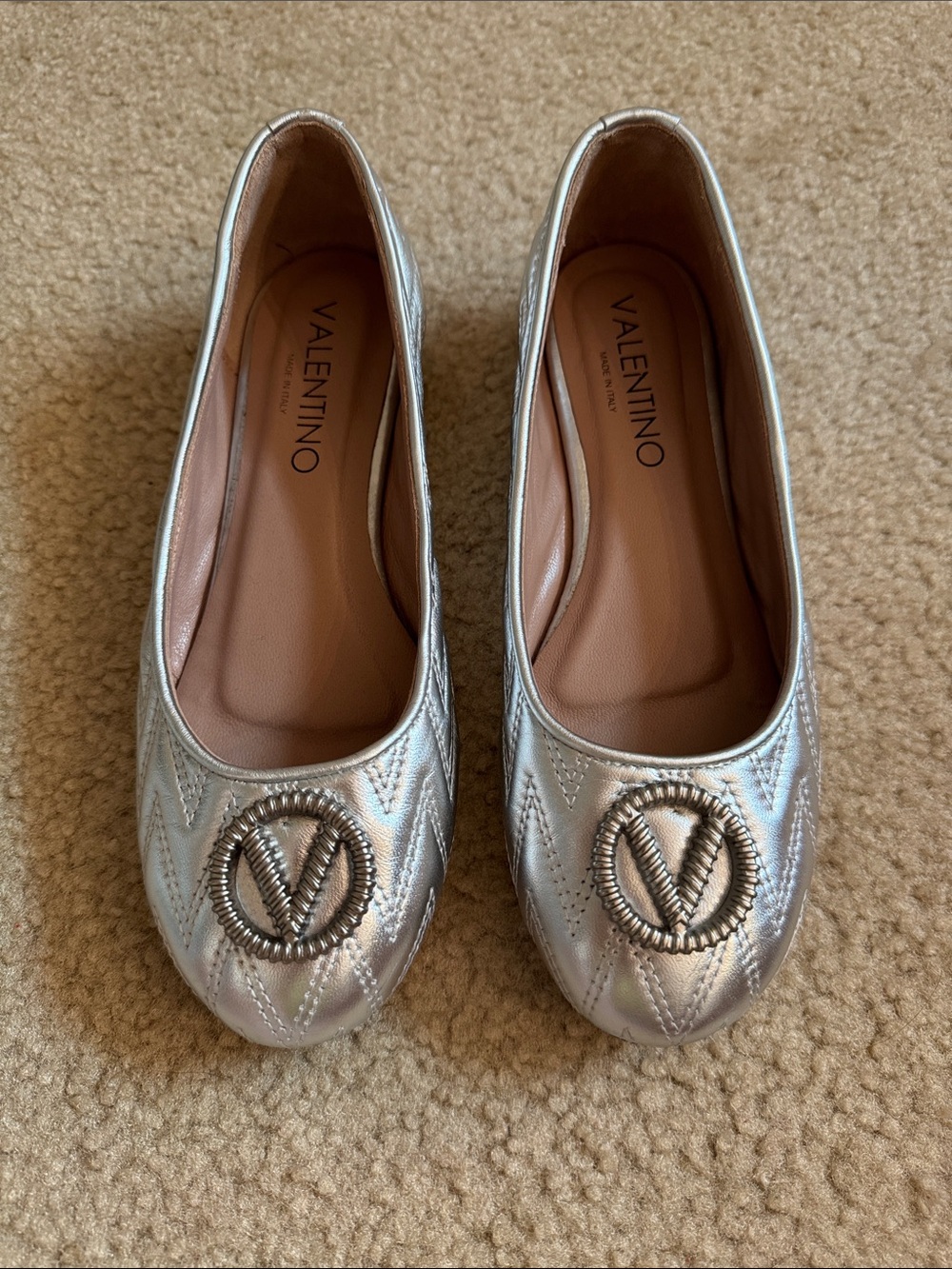 Valentino Metallic Silver Quilted Logo Ballet Flats - Size 7